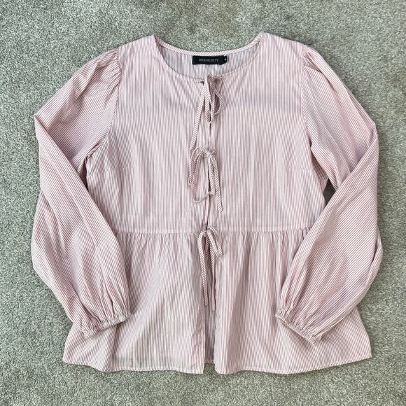 Striped Light Red Tie Bow Front Long Sleeve Blouse Top (Sz M) - Picture 10 of 11